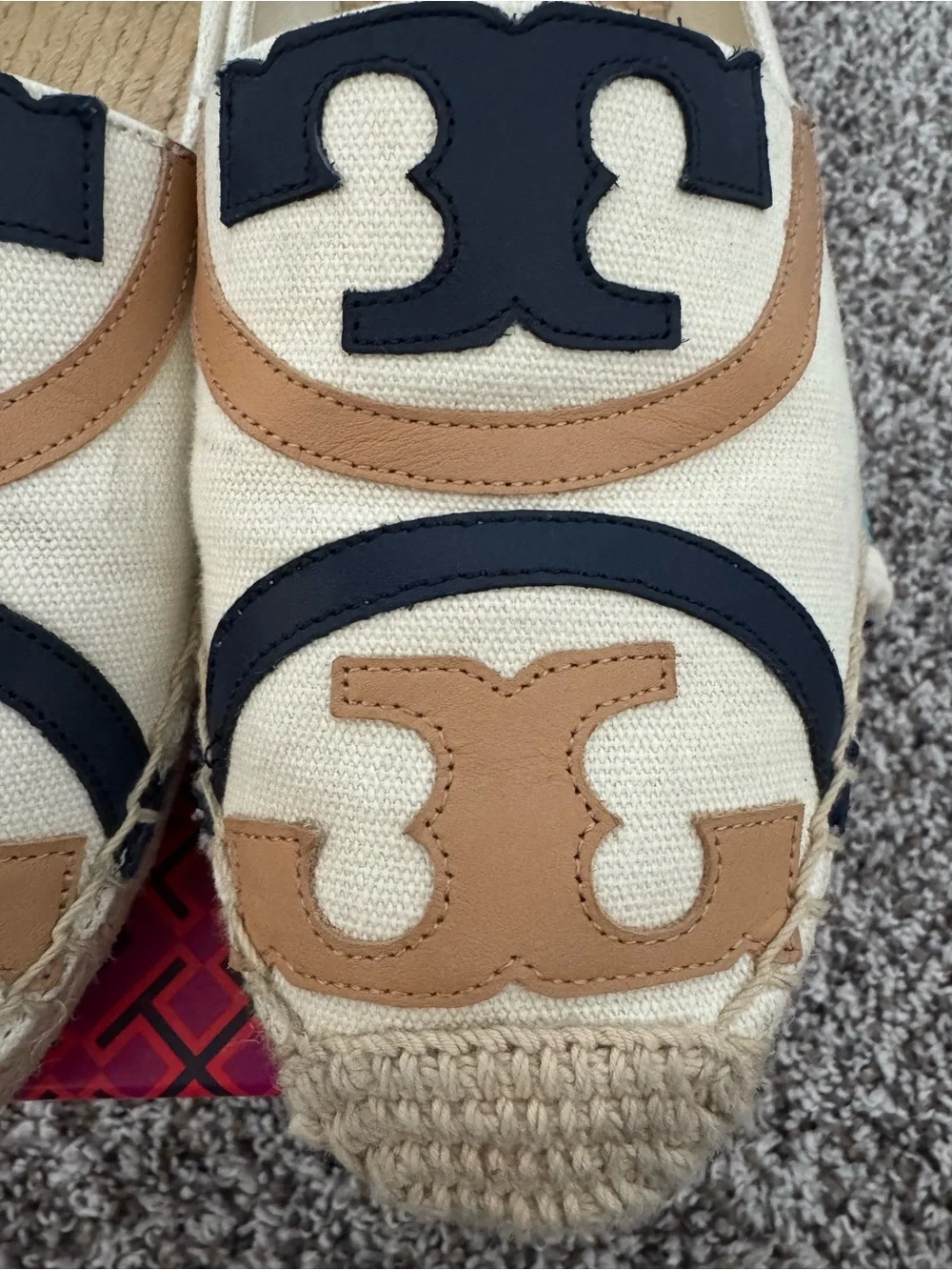 Tory Burch Cream Canvas Espadrilles with Tan and Black Logo